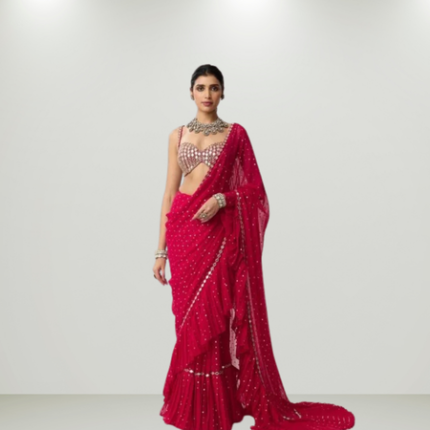 Bollywood Style Red Sequins Crush Pleated Saree with Mirror Work Blouse for Party Wear