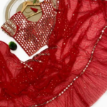 Bollywood Style Red Sequins Crush Pleated Saree with Mirror Work Blouse for Party Wear