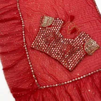 Bollywood Style Red Sequins Crush Pleated Saree with Mirror Work Blouse for Party Wear