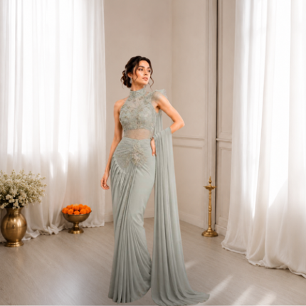 Ready-to-Wear Crepe Silk Saree with Sequins Embroidery