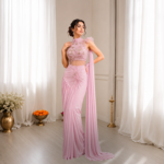 Pink Ready-to-Wear Crepe Silk Saree with Sequins Embroidery