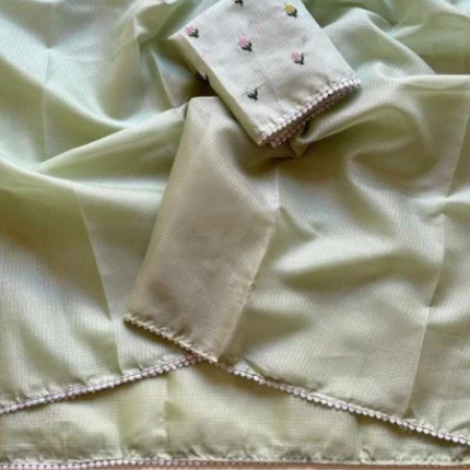 Pista Kota Checks Saree with Pom Pom Border & Embroidered Blouse