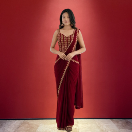 Organic Maroon Designer Ready-to-Wear Crepe Silk Saree