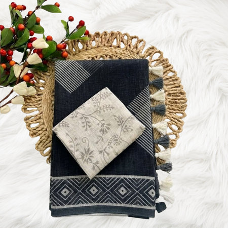 Black Cotton Tassel Saree with Printed Blouse