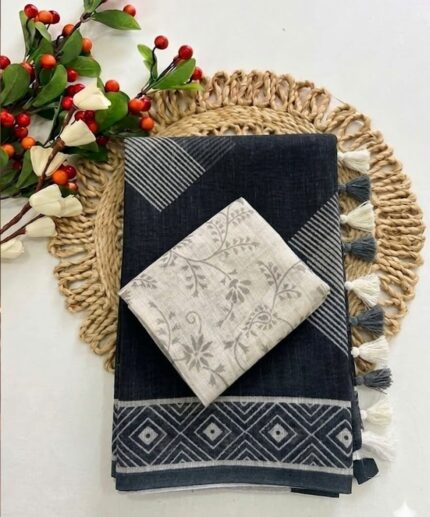 Black Cotton Tassel Saree with Printed Blouse
