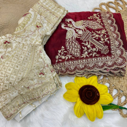 Maroon Space Satin Saree with Sequins Embroidery