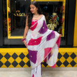 White Faux Georgette Saree with Digital Print & Mirror Work