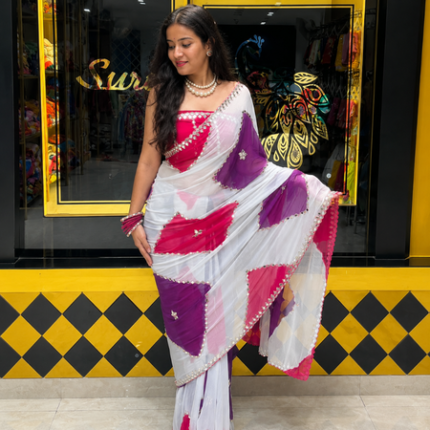 White Faux Georgette Saree with Digital Print & Mirror Work