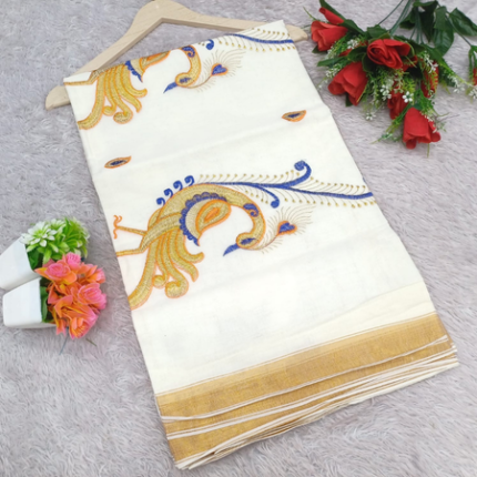 Onam Special Kerala Cotton Peacock Embroidery Saree