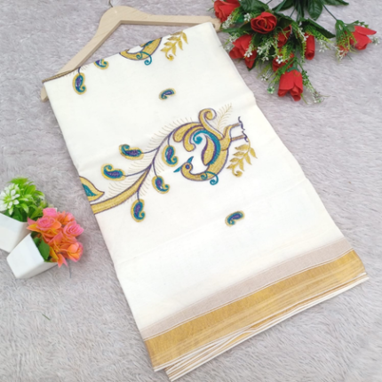 Onam Special Kerala Cotton Peacock Embroidery Saree