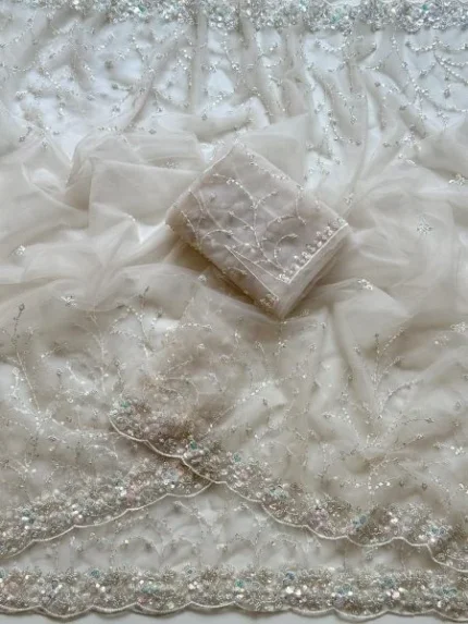 Off White Sequins Embroidered Soft Net Saree