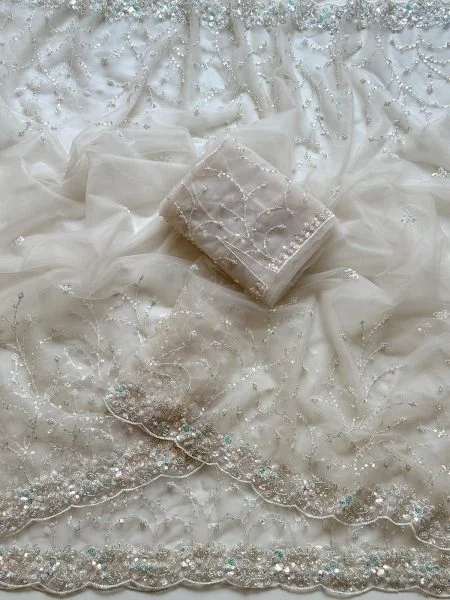 Off White Sequins Embroidered Soft Net Saree