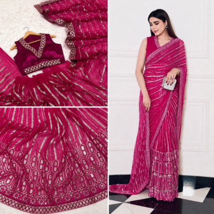 Pink Georgette Saree with Sequins & Dori Work | House of Veylira