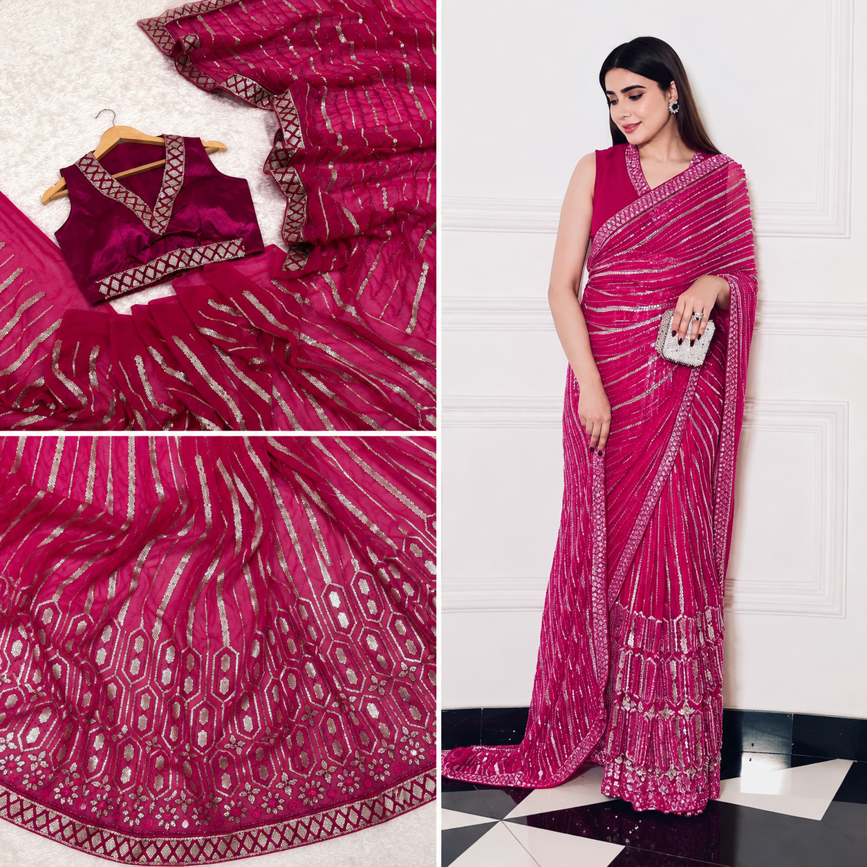 Pink Georgette Saree with Sequins & Dori Work | House of Veylira Pink Georgette Saree with Sequins & Dori Work | House of Veylira