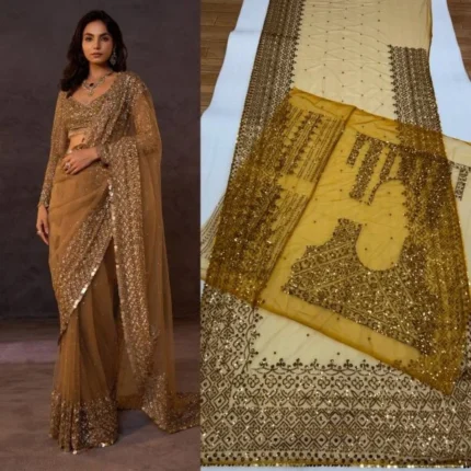 Golden Butterfly Net Saree with Sequins and Embroidery Work
