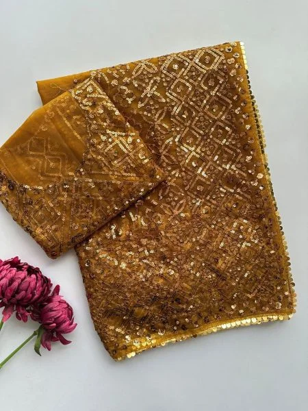 Golden Butterfly Net Saree with Sequins and Embroidery Work