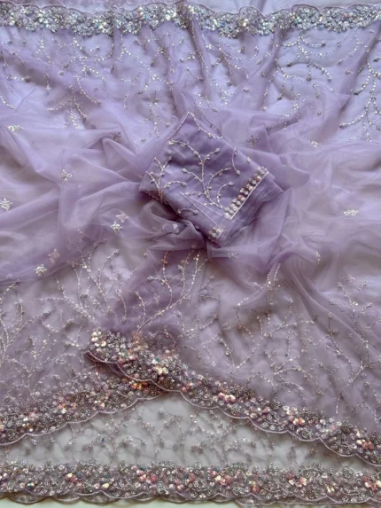 Minimalist Purple Sequins Embroidered Soft Net Saree