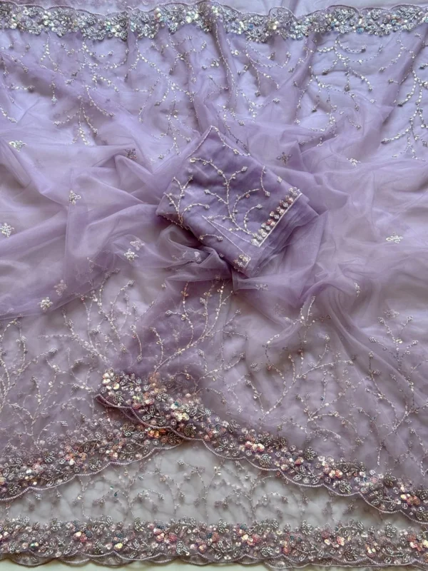 Minimalist Purple Sequins Embroidered Soft Net Saree