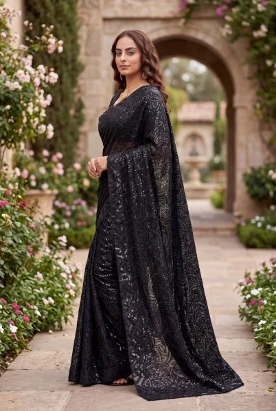 Black Georgette Saree with Embroidery and Sequins Work