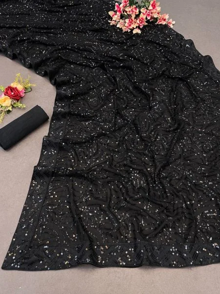 Black Georgette Saree with Embroidery and Sequins Work