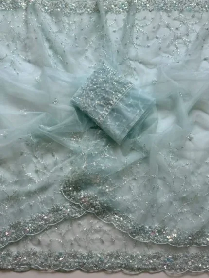 Regal Sky Blue Sequins Embroidered Soft Net Saree
