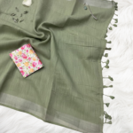 Sage Green Soft Linen Saree with Digital Work Blouse