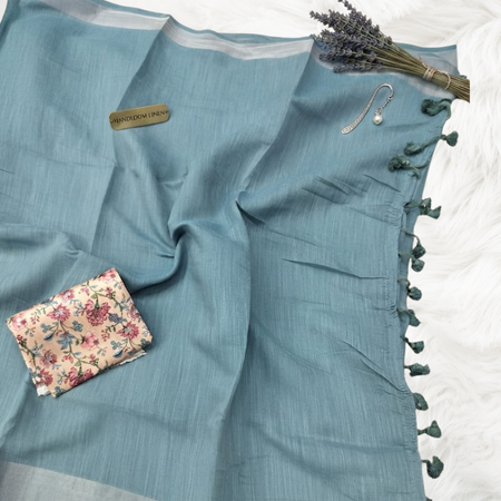 Sky Blue Soft Linen Saree with Digital Work Blouse