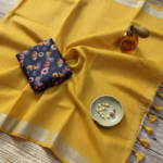 Mustard Yellow Soft Linen Saree with Digital Work Blouse