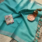 Teal Soft Linen Saree with Digital Work Blouse