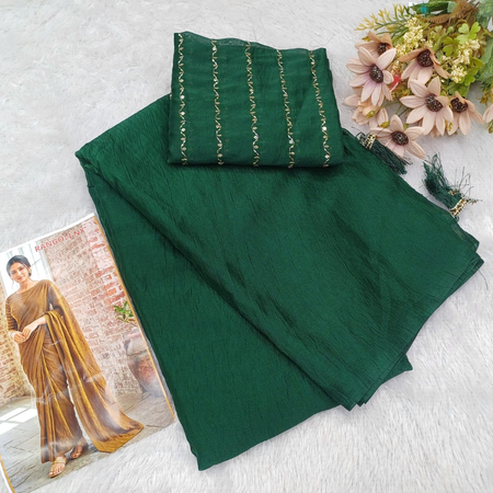 Mehndi Colour Rangoli Satin Crush Saree With Heavy Work Blouse