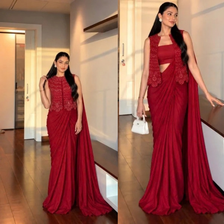 Red Chinon Silk Jacket Saree