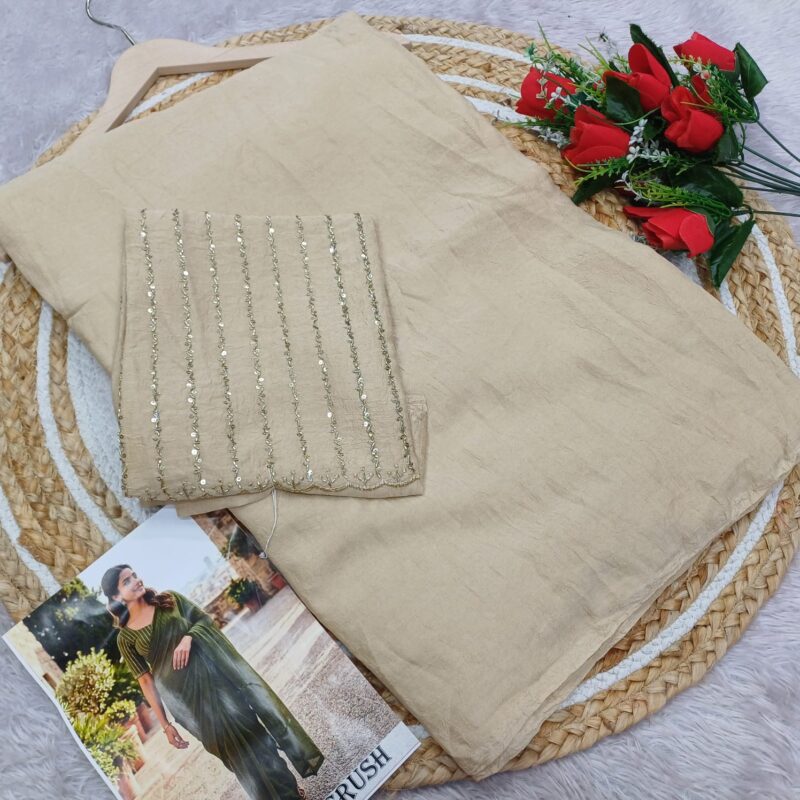 Beige Designer Crush Saree with Kharadana Work Blouse