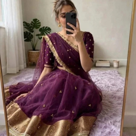 Wine Organza Silk Ghungroo Saree with Lace Work