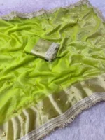 Parrot Green Organza Silk Ghungroo Saree with Lace Work
