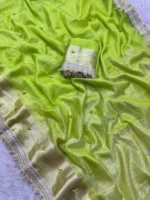 Parrot Green Organza Silk Ghungroo Saree with Lace Work