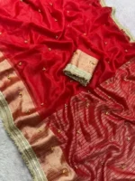 Red Organza Silk Ghungroo Saree with Lace Work