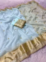 Sky Blue Organza Silk Ghungroo Saree with Lace Work